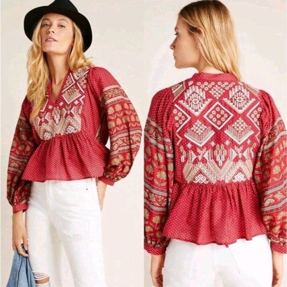 Anthropologie Keira Embroidered Peplum Blouse Top Sz 4 V Neck Boho Festival